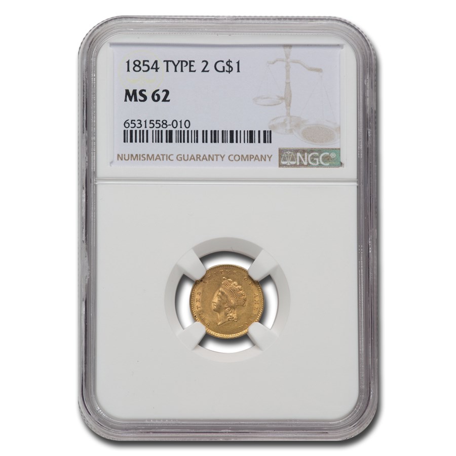 1854 $1 Indian Head Gold Type 2 MS-62 NGC