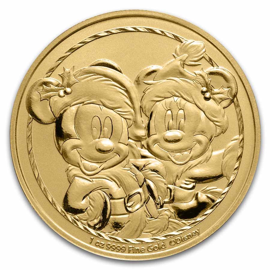 2024 Niue 1 oz Gold $250 Disney Mickey & Minnie Christmas BU BEST