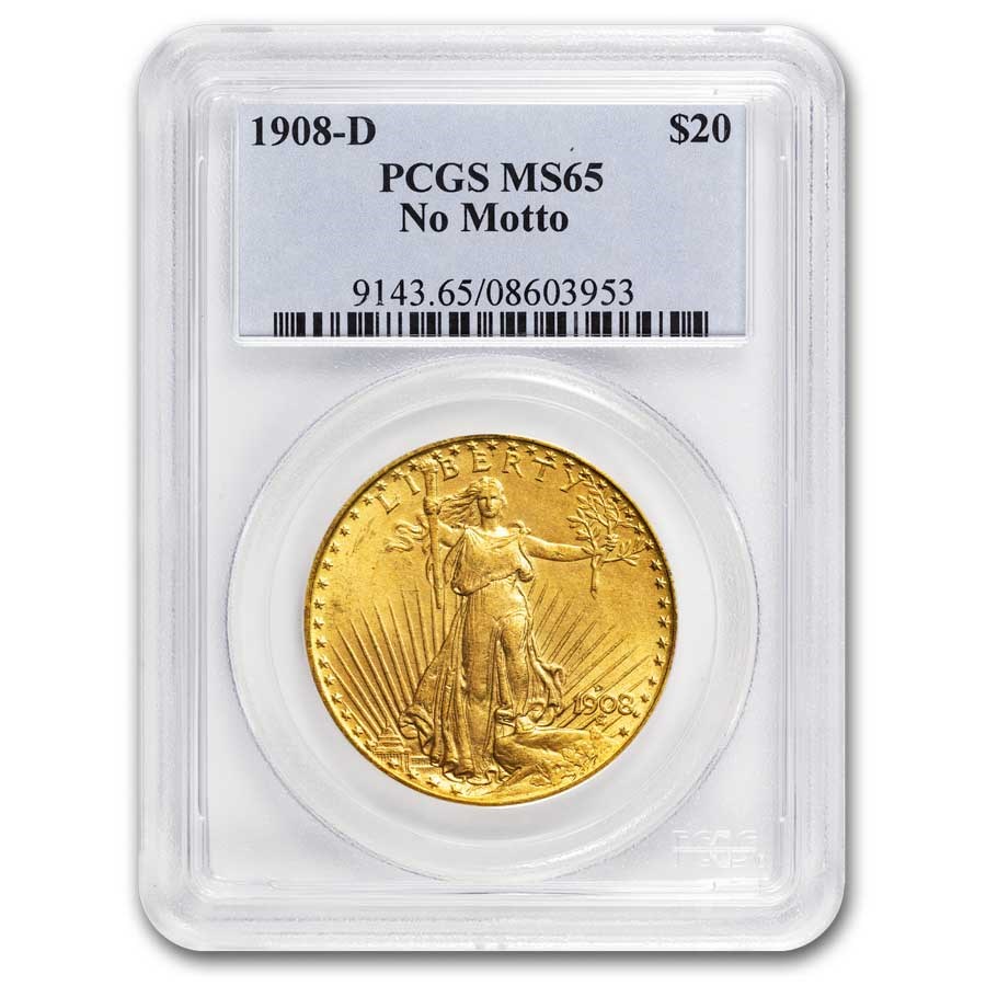 1908-D $20 St Gaudens Gold Double Eagle No Motto MS-65 PCGS