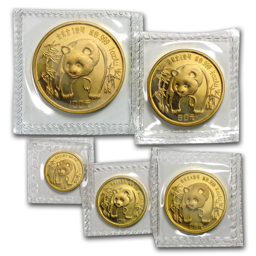 1986 China 5-Coin Gold Panda Set BU (Sealed)