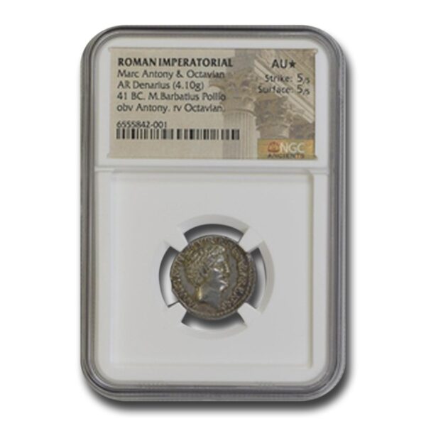 Roman Silver Denarius Marc Antony & Octavian (41 BC) AU* NGC